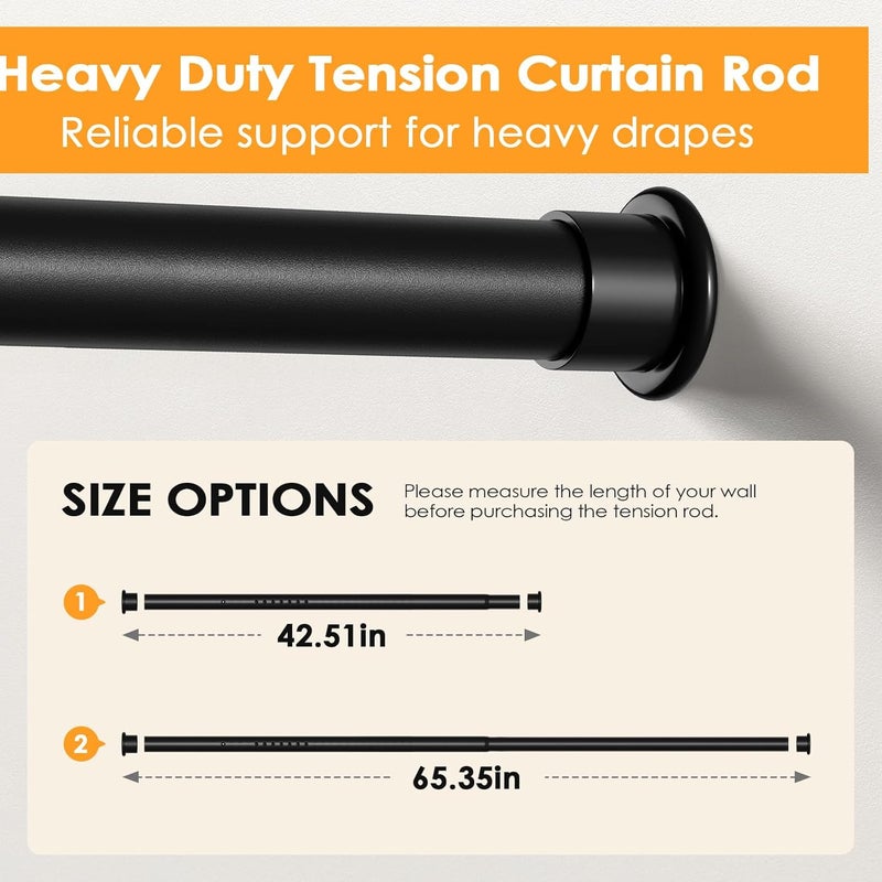 fvonzn Tension Curtain Rod 43-65 Inches Extra Long Black Heavy Duty Tension Rods Adjustable Curtain Rod No Drilling Spring Loaded Tension Rod for Windows Patio Hold Up Blackout Curtains and Non Slip - Image 3